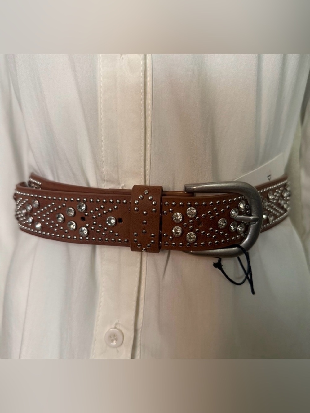 Brown PU studded leather with old silver tone buckle